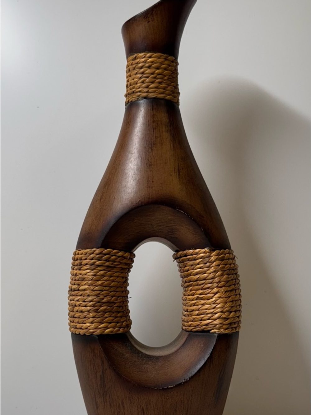 MCM Wooden Decorative Sculpture with Woven Rope Detail - Brown